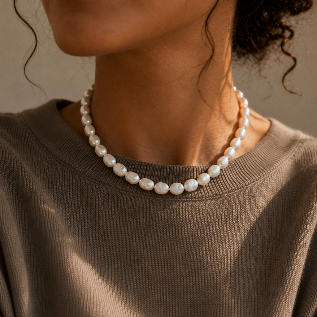 Model wearing the Ryã Atelier Nolwazi freshwater baroque pearl necklace close to the neckline, showing the natural variation of each pearl