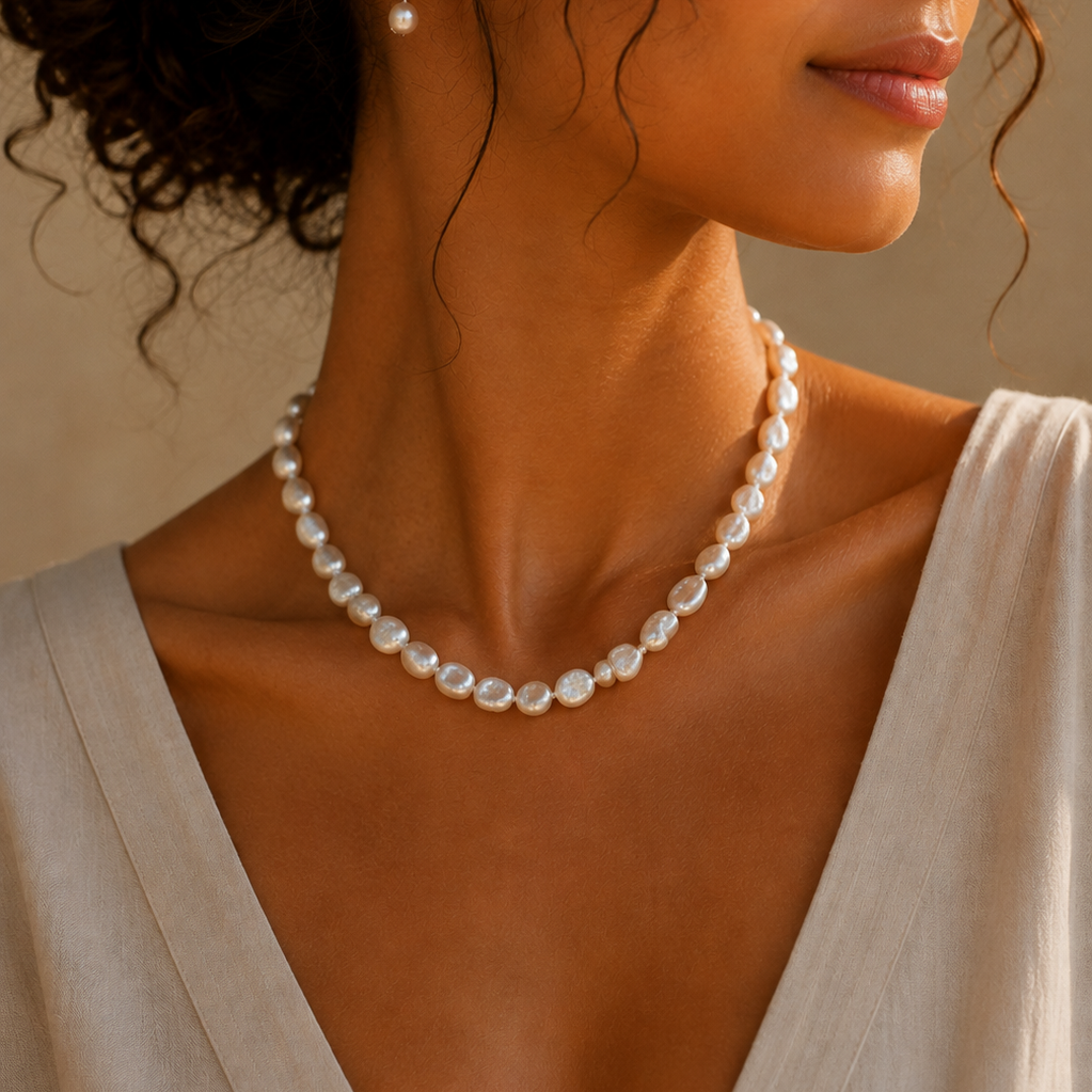 Model wearing the Ryã Atelier Nolwazi freshwater baroque pearl necklace close to the neckline, showing the natural variation of each pearl