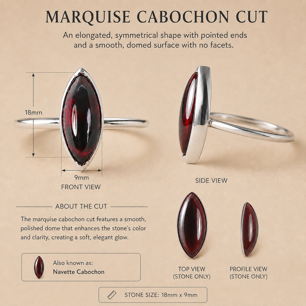 Amanda Ring handcrafted in solid 925 sterling silver featuring a natural marquise cabochon garnet in a bezel setting by Ryã Atelier, product information card.
