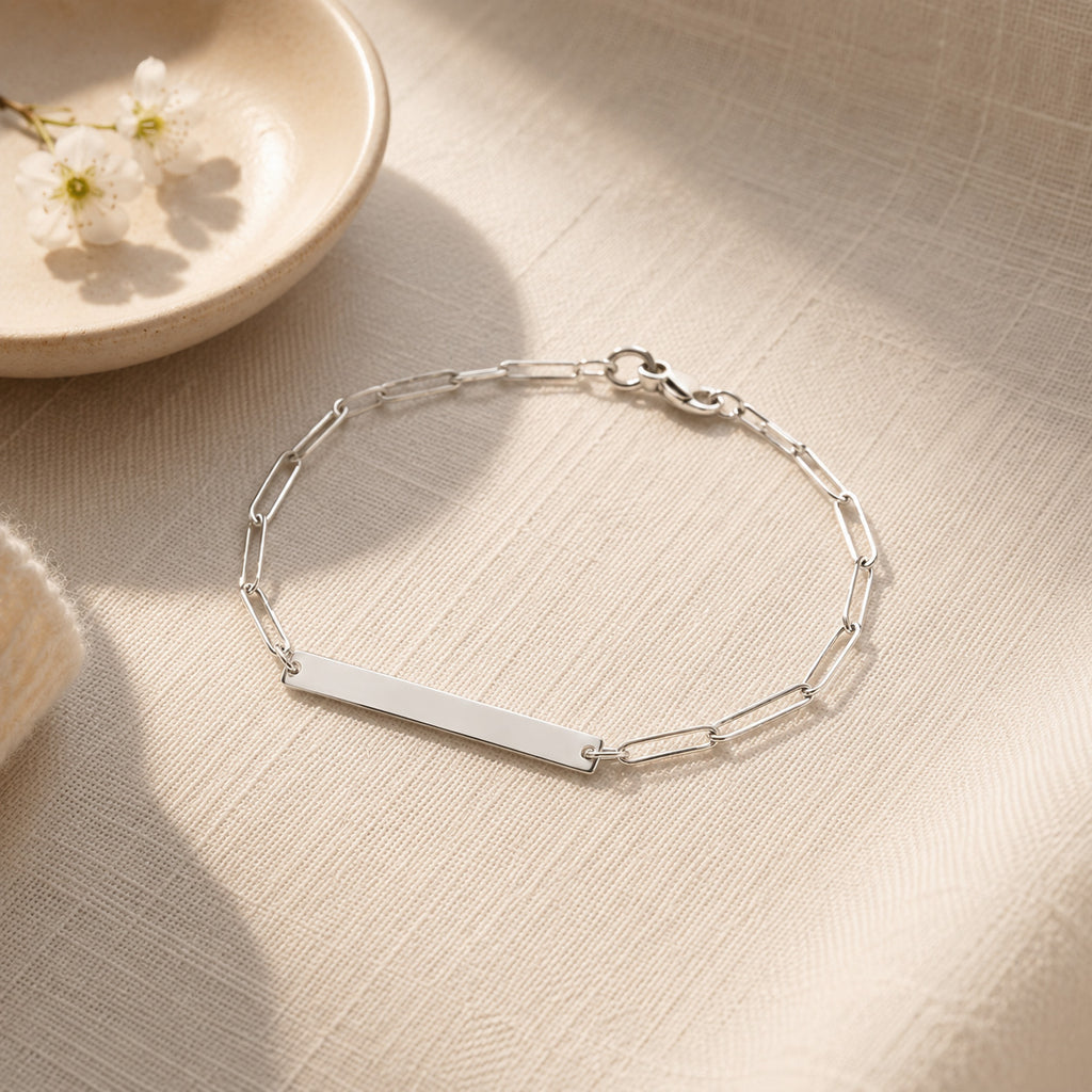 Solid 925 sterling silver paperclip bracelet with engraving plate by Ryā Atelier.
