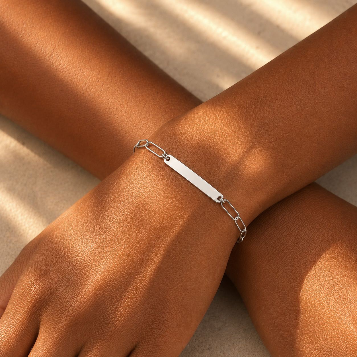 Solid 925 sterling silver paperclip bracelet with engraving plate by Ryā Atelier.