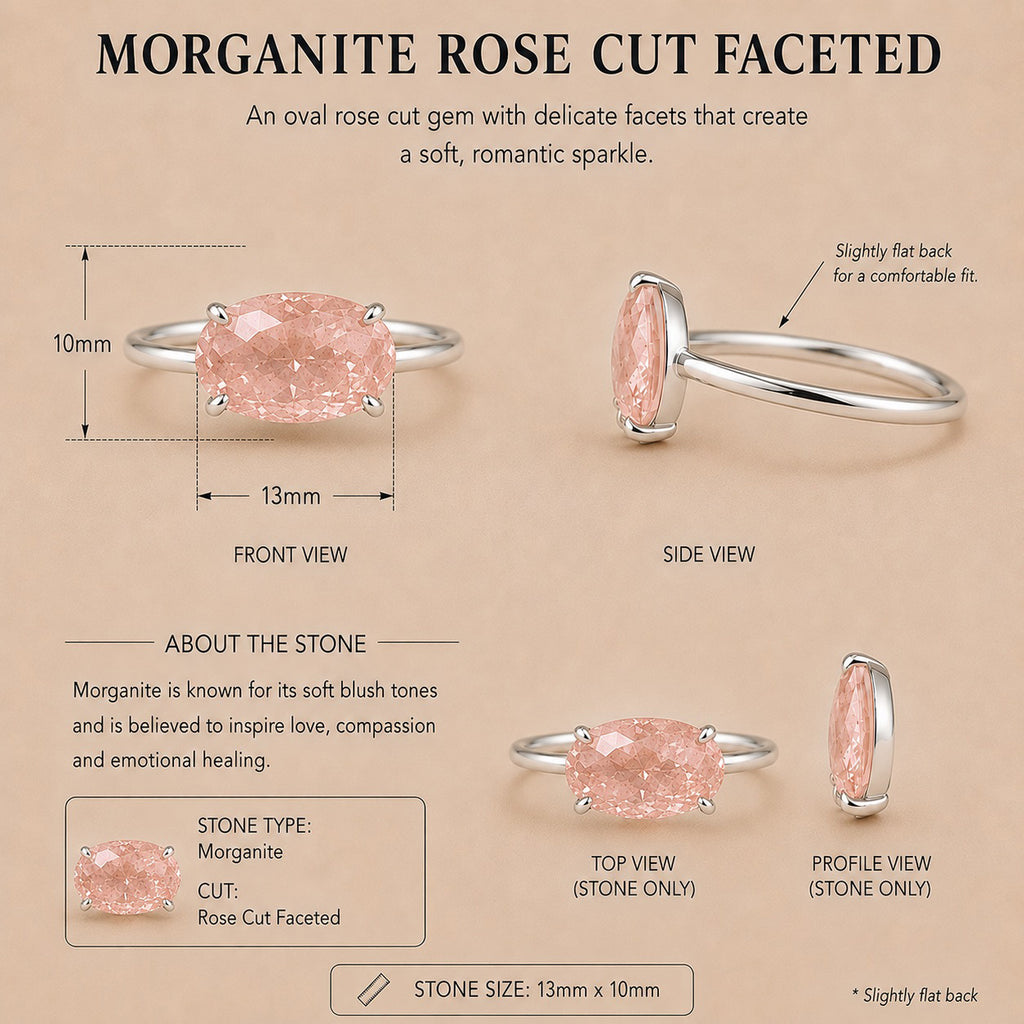 Aurora Ring handcrafted in solid 925 sterling silver featuring a natural oval pink morganite in a four-claw solitaire setting by Ryã Atelier product information card.