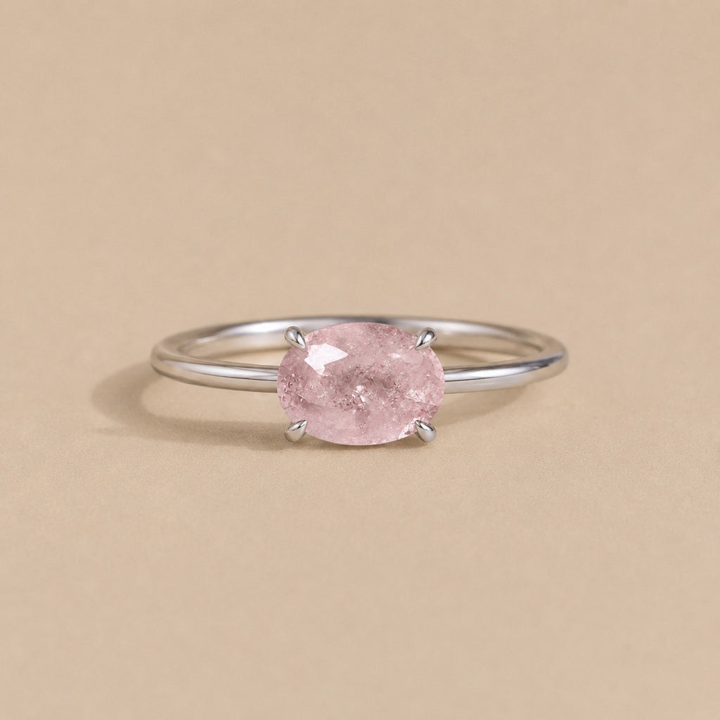Aurora Ring handcrafted in solid 925 sterling silver featuring a natural oval pink morganite in a four-claw solitaire setting by Ryã Atelier.