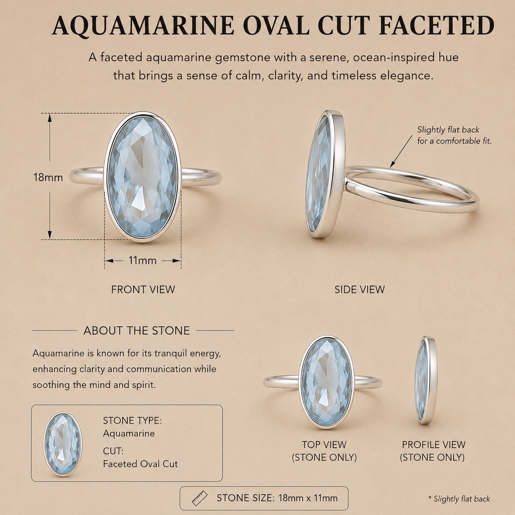 Product for Imka Ring handcrafted in solid 925 sterling silver featuring a natural oval aquamarine in a bezel setting by Ryã Atelier.