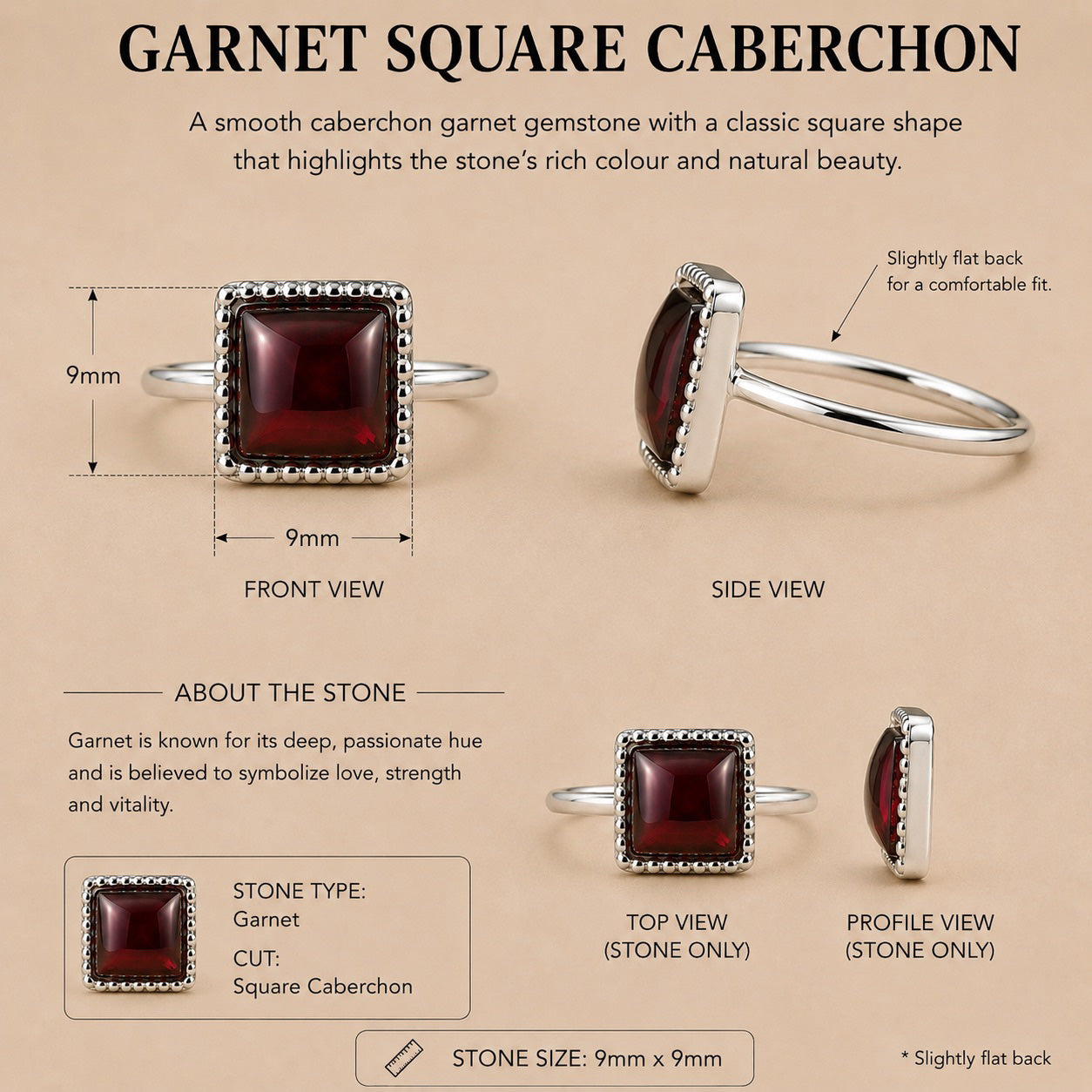 Oratile Ring handcrafted in solid 925 sterling silver featuring a natural square cabochon garnet with a beaded bezel setting by Ryã Atelier product information card