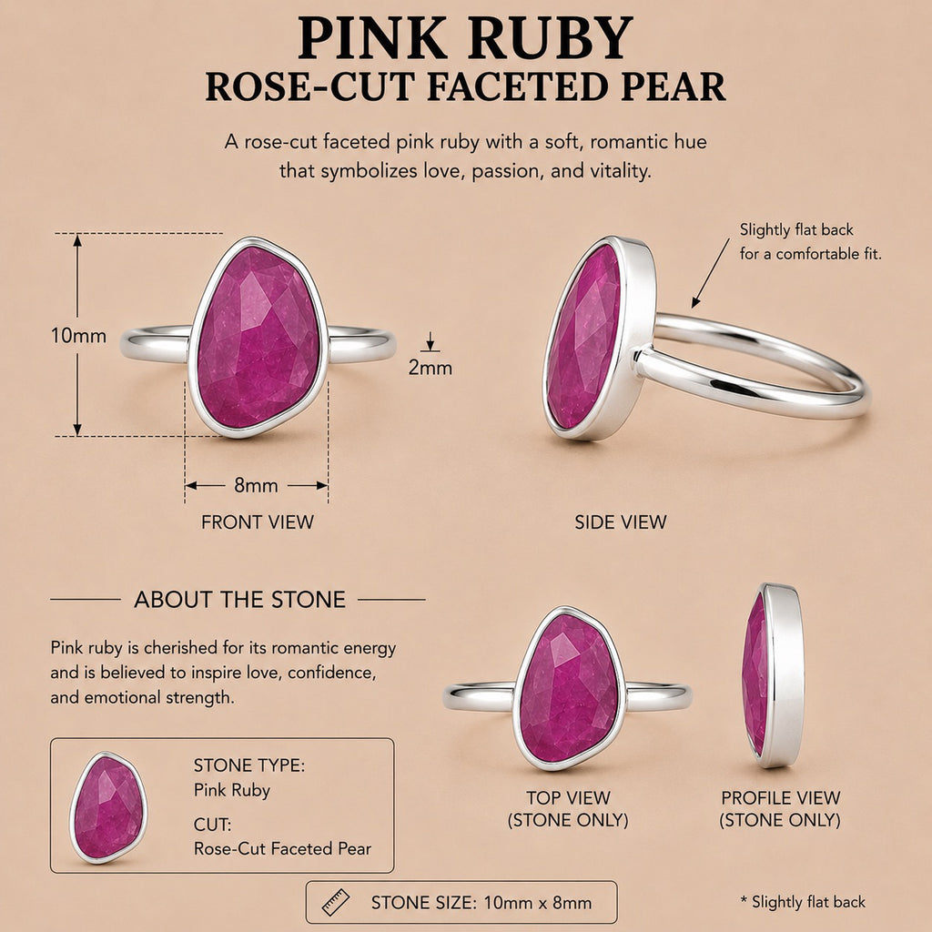 The Thabisa Ring handcrafted in solid 925 sterling silver with a natural pear cut pink ruby by Ryã Atelier product information card.