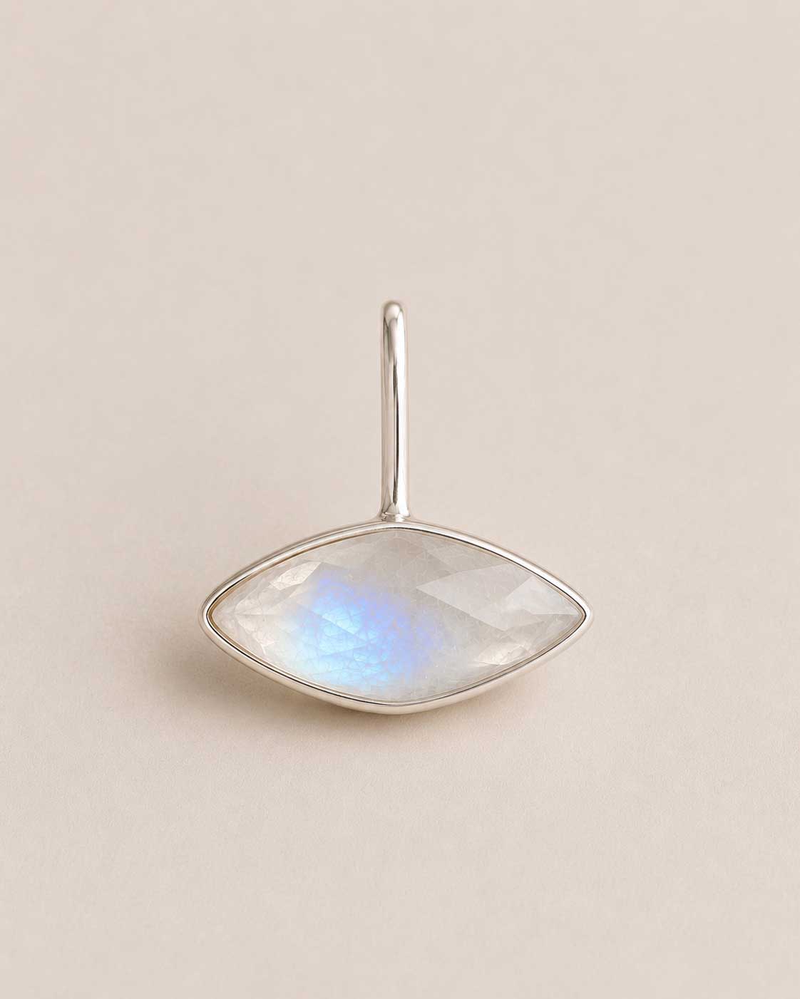 Eye shaped Unyezi Moonstone pendant by Rya Atelier. Faceted Rainbow Moonstone set in solid 925 sterling silver. 