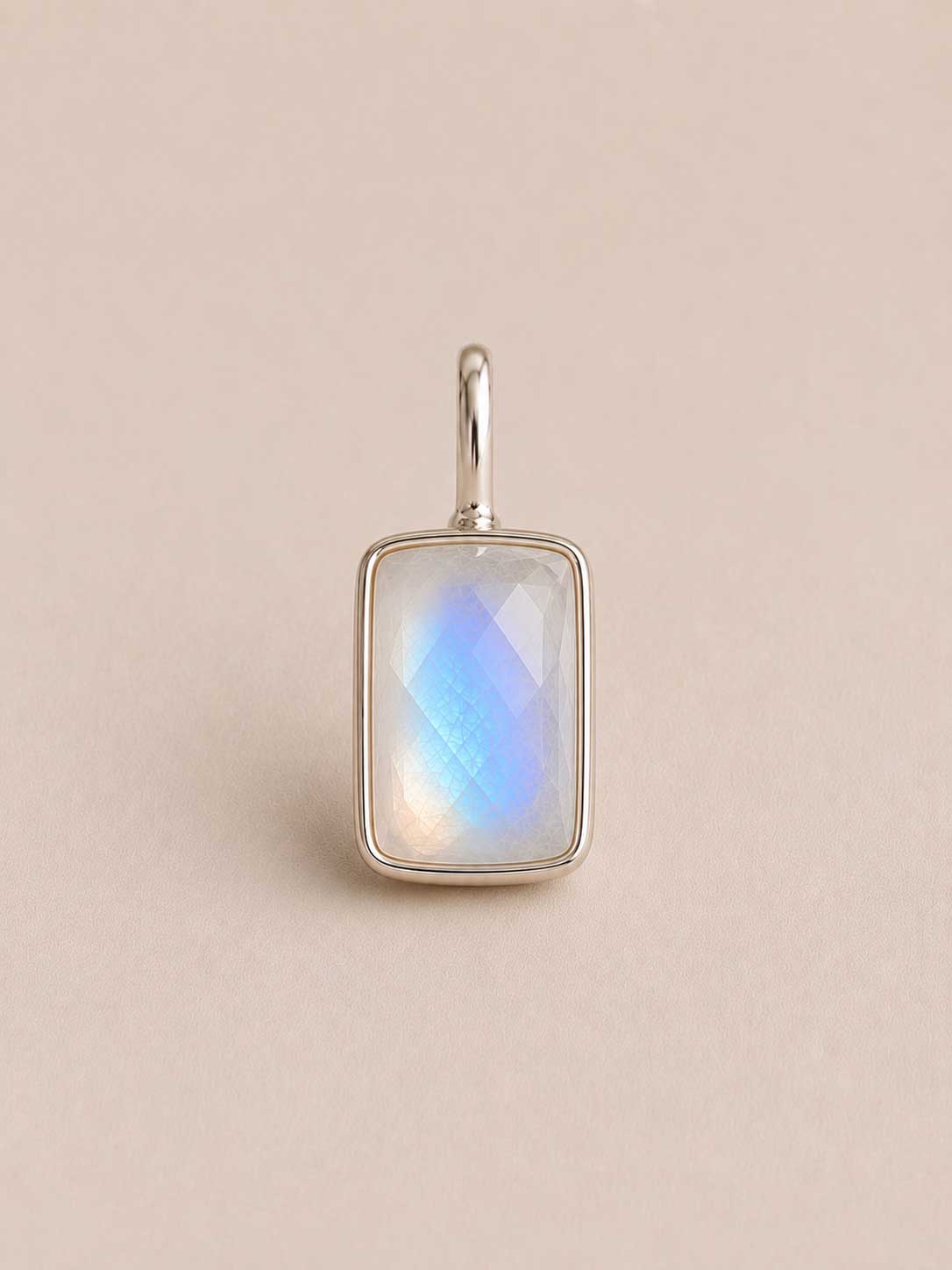 Rectangle shaped Unyezi Moonstone pendant by Rya Atelier. faceted Rainbow Moonstone set in slid 925 sterling silver. 
